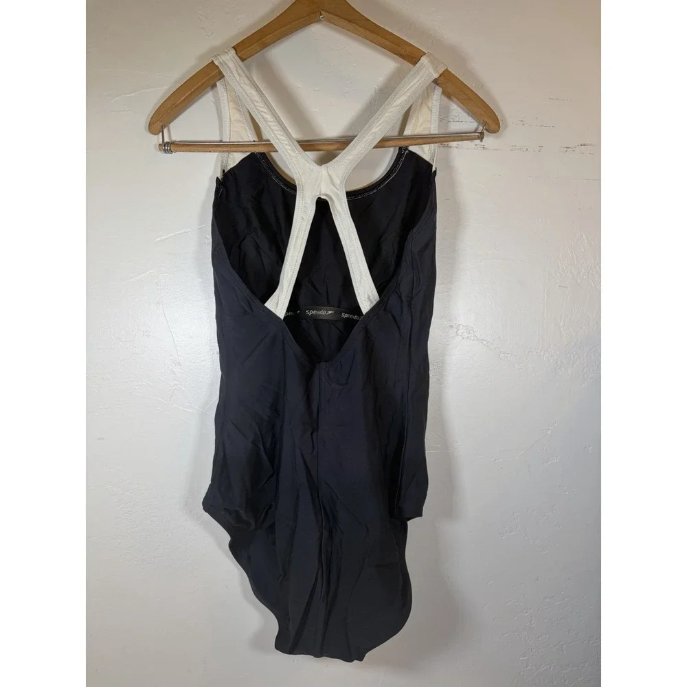 Speedo‎ Women Size 10 PowerFLEX Black White Racerback One Piece Swimsuit